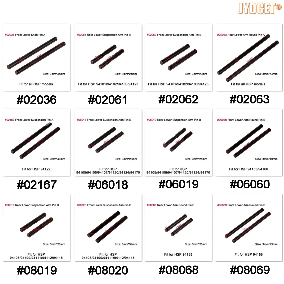 

02036/02061/02062/02063/02167/06018/06019/06060/08019/08020/08068/08069 Круглый штифт переднего/заднего нижнего рычага для HSP 1/10 94101 02 03