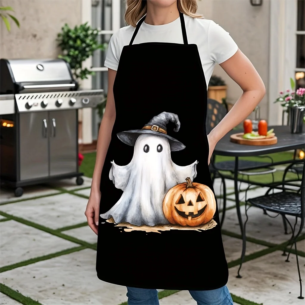 Spooky Ghost and Pumpkin Halloween Cooking Apron for Kitchen Party Decor Costume Wear