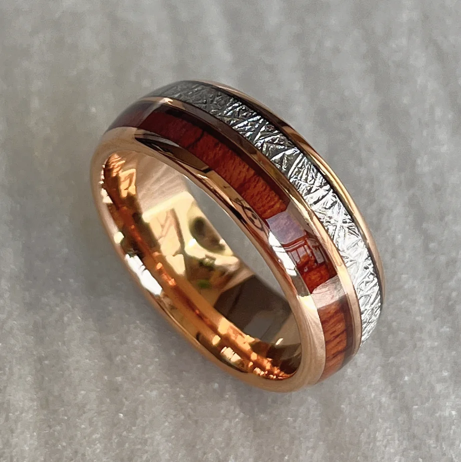 8 مللي متر 6 مللي متر القبة التنغستن خاتم مطلي بالذهب الوردي البطانة الطبيعية كوا الخشب و نيزك العثور على خاتم شحن مجاني #5