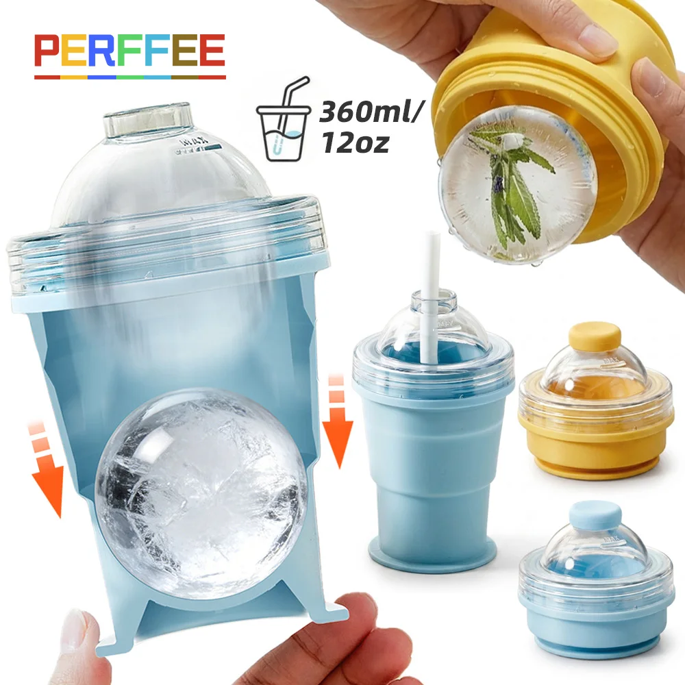 2-in-1 Zusammenklappbarer Becher 360ml mit Strohhalm Silikon-Eisform Faltbarer Wasserbecher Eisball-Maker Tragbarer Kaffeebecher Blau Gelb