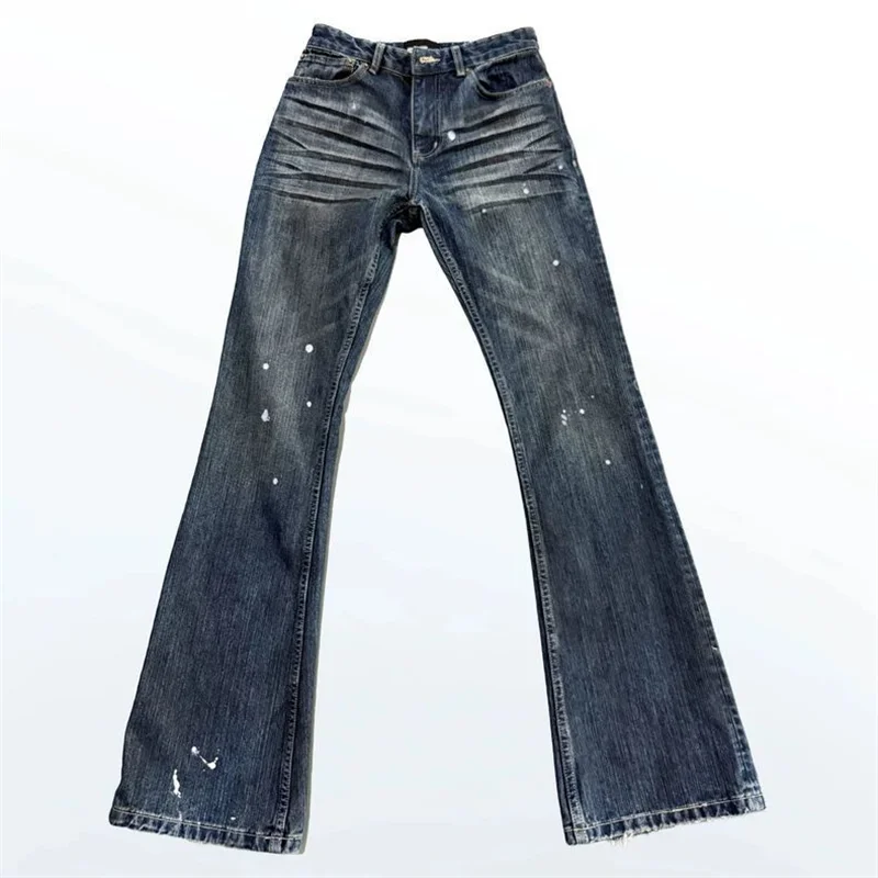 Cleanfit Style Heavyweight Bootcut Men's Jeans Faded Dirtied Denim Micro Flared Long Trousers Casual Wear Resistant