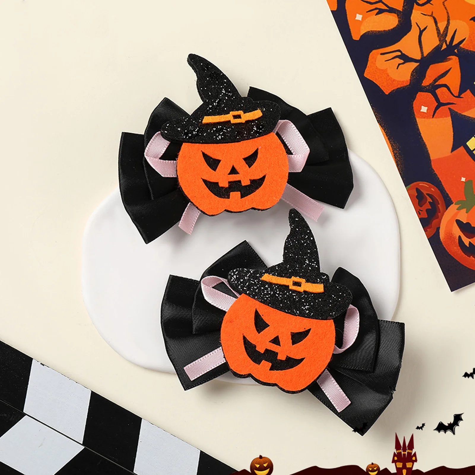 2pcs Halloween Pumpkin Hair Clips Black Bowknots Shaped Barrette Dark Sweet Cool Style Women Girls Party Cosplay Headdress