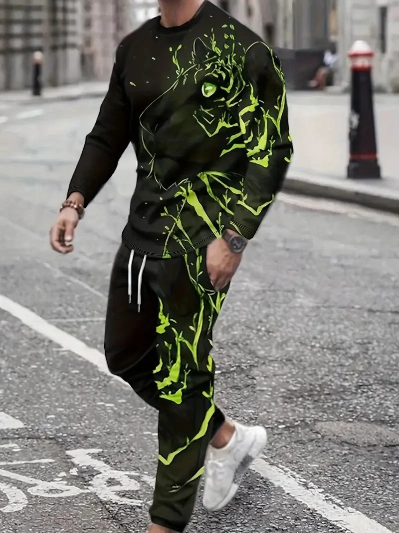 

Men's suit sportswear green lion 3D printed long sleeved T-shirt, fashionable men's pullover, casual sports pants set