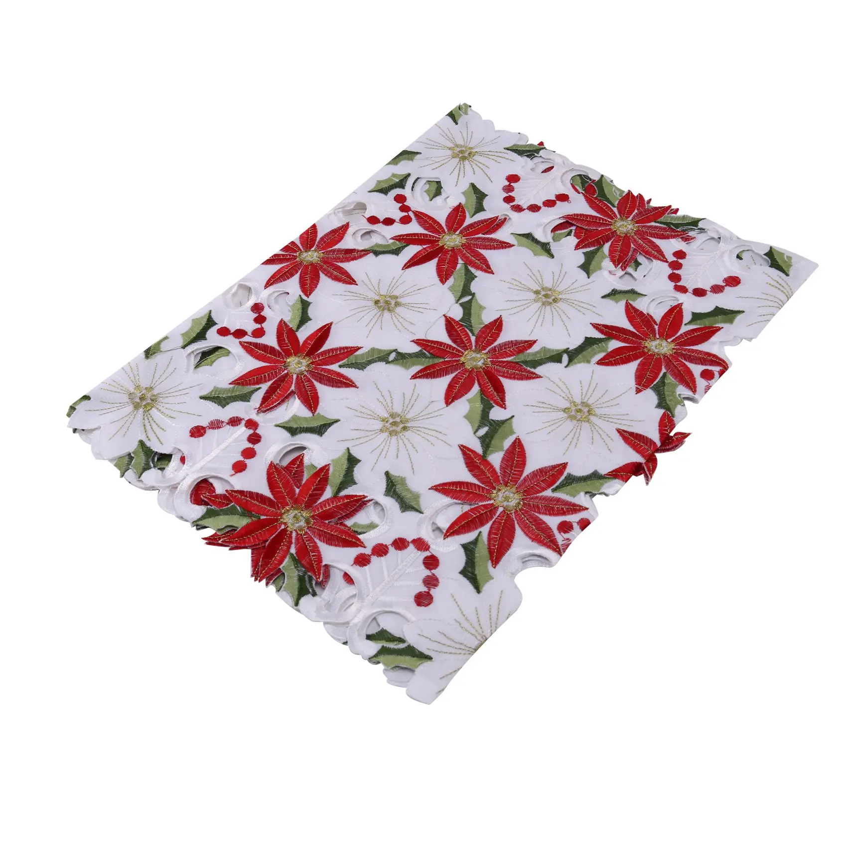 Christmas Embroidered Table Runner Luxury Holly Poinsettia Table Runner for Christmas Decorations 15 x 70 Inch