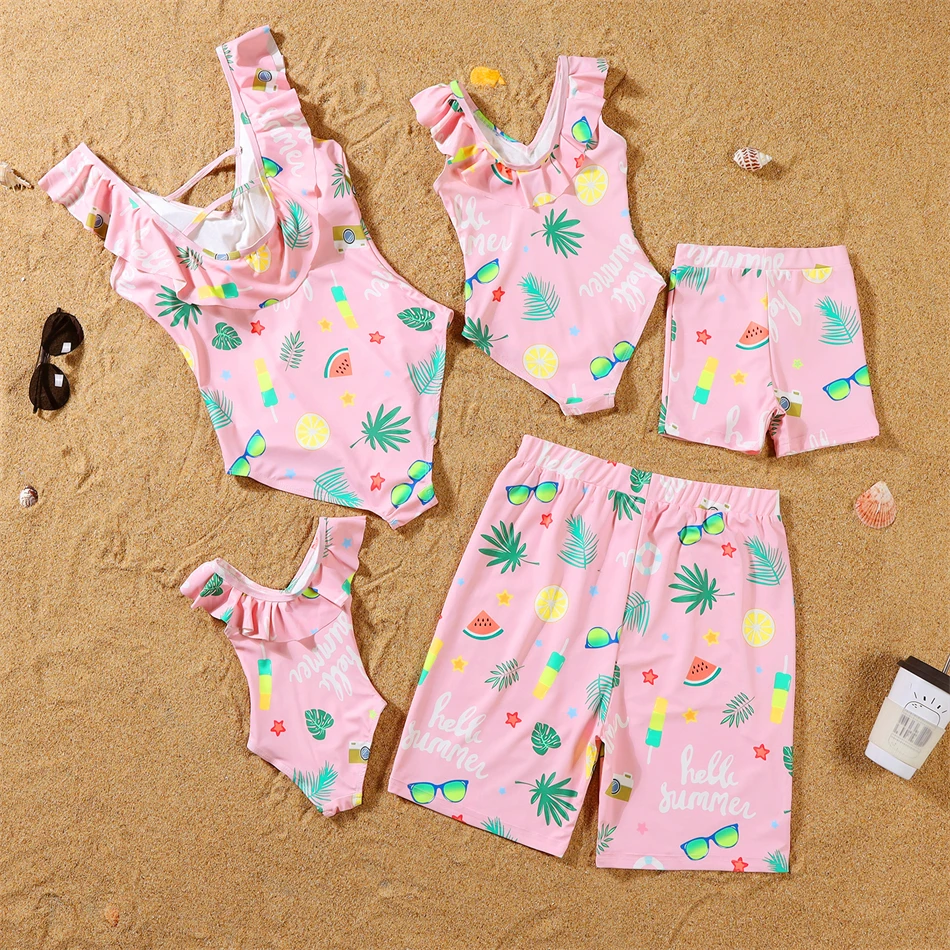 2024 New Family Swimsuits V-Neck Mother Daughter Matching Swimwear Mommy and Me Bikini Dresses Clothes Father Son Swim Shorts