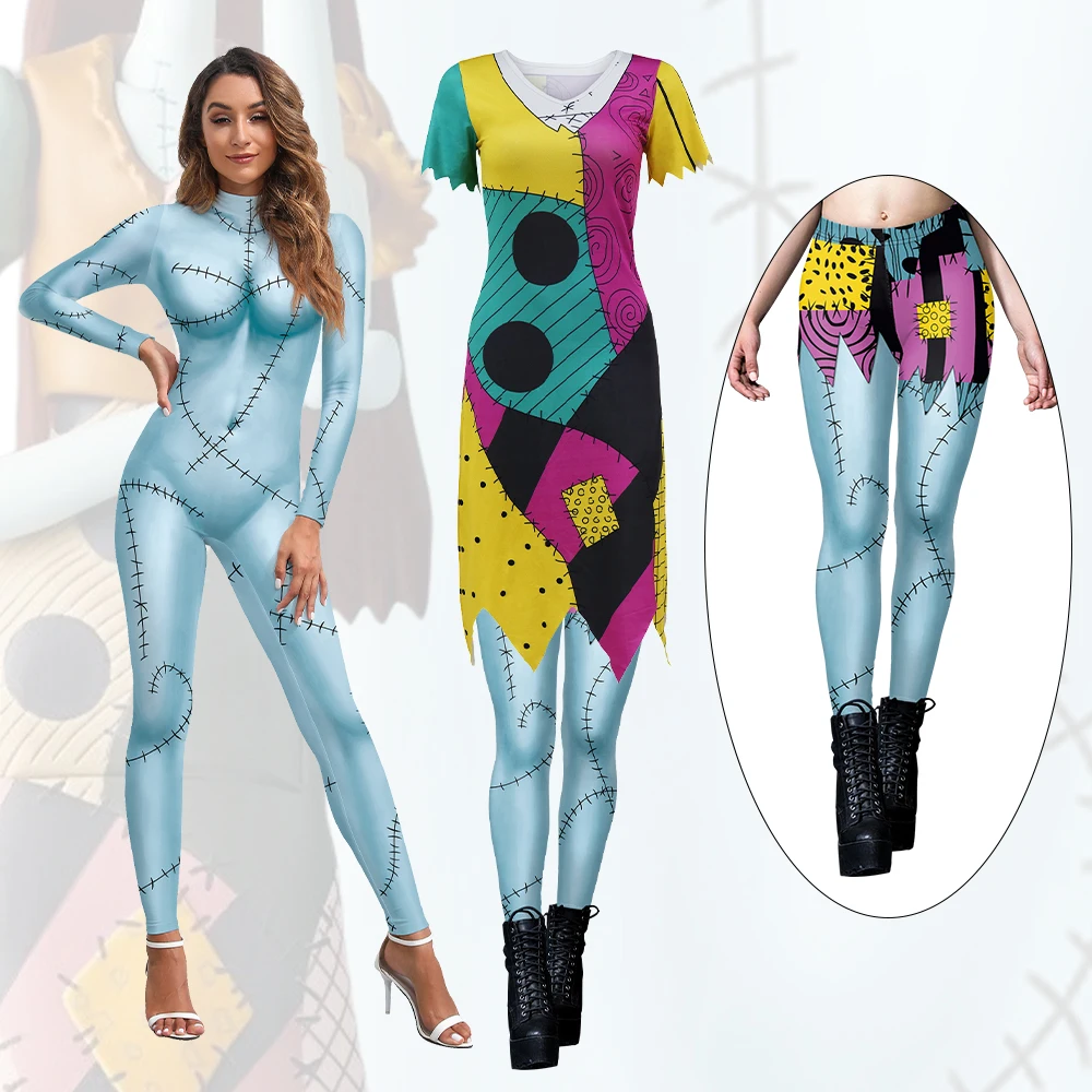 Traje de Sally para mujer, Disfraces de Halloween de Cosplay, Mono de LICRA de película, vestidos, Leggings, conjuntos de terror, ropa de fiesta de Cosplay