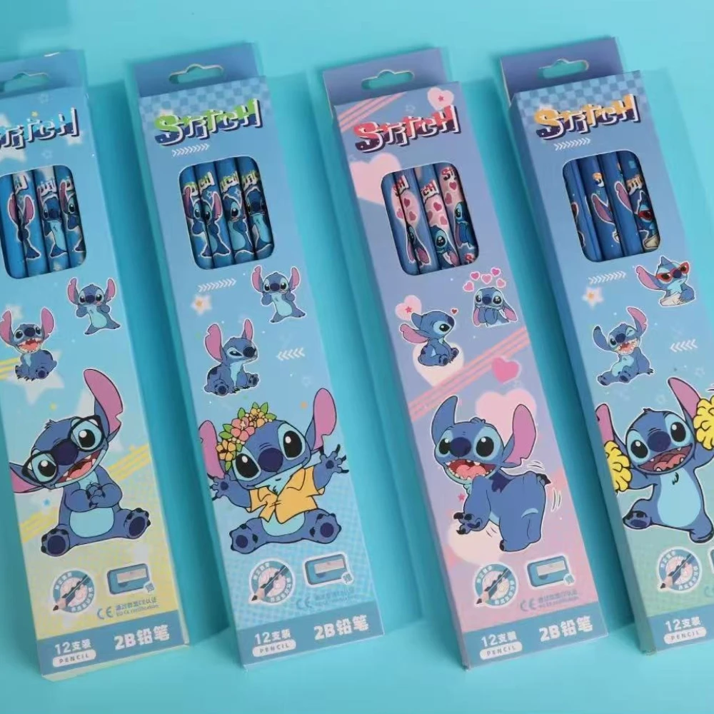 Disney 12pcs Stitch Anime Figures Cartoon Dot Pencil Student School Supplies for Kids Pencils Pencil Roller HB Pencils Best Gift