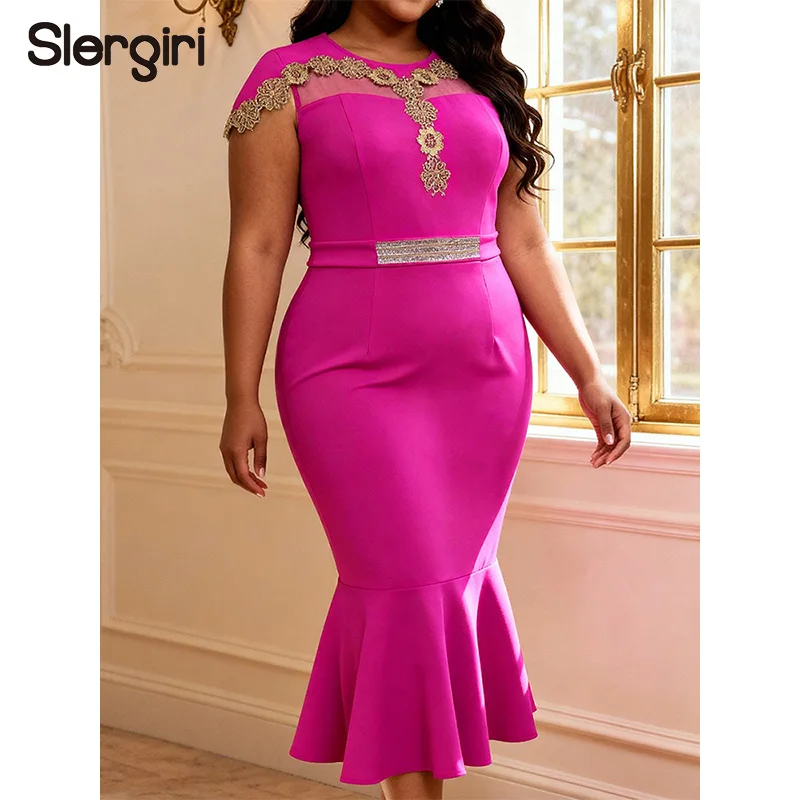 

Slergiri Plus Size O-Neck Cape Sleeve Appliques Mermaid Hem Dress Women Elegant Diamonds Party Wedding Ladies Bodycon Long Dress