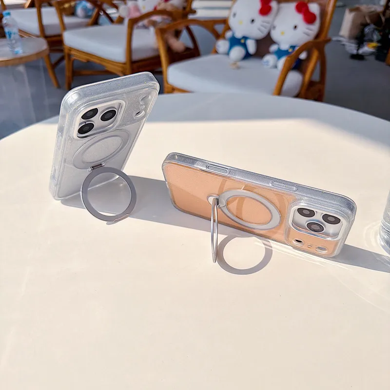 

For iPhone 17 16 15 14 13 Pro Max Magnetic Case ELVEV Glitter Translucent Hard PC Rotating Stand Phone Cover