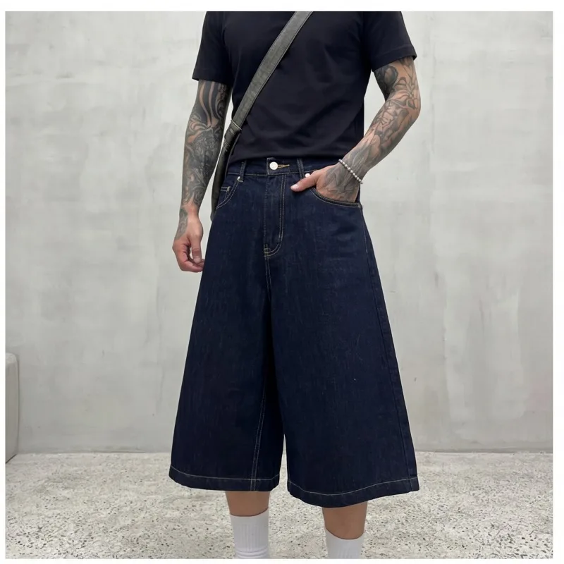 Streetwear Men's Denim Shorts Multi Pocket Contrast Stitch Dark Wash Baggy Fit Knee Length Pants Summer