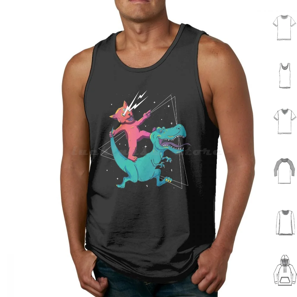 Funny Dinosaur Gift For Cats Lovers Tank Tops Vest Sleeveless Meow Cats Funny Cat Cat Lovers Wars Cat Riding Dinosaur
