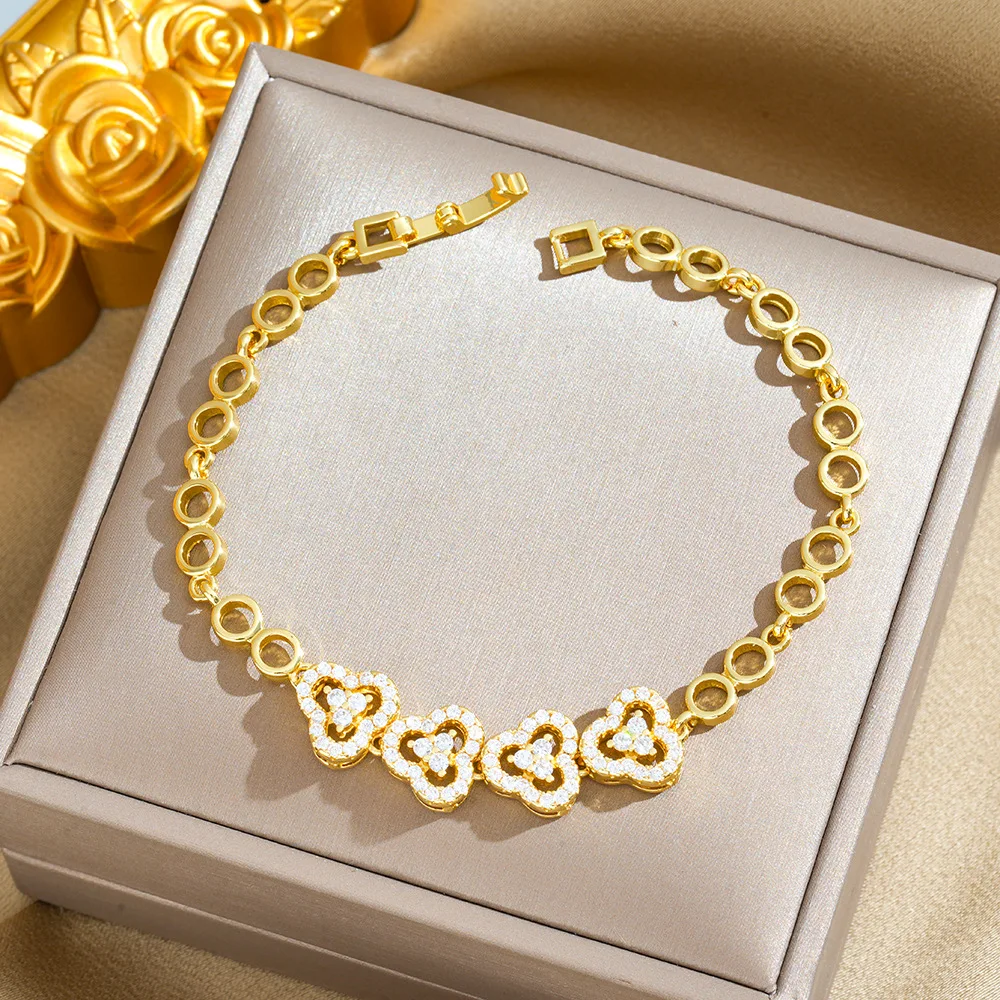 

Цирконовый браслет, в форме сердца, модный и универсальный браслет, женский медный лист, бесконечность золота, кубинская цепочка