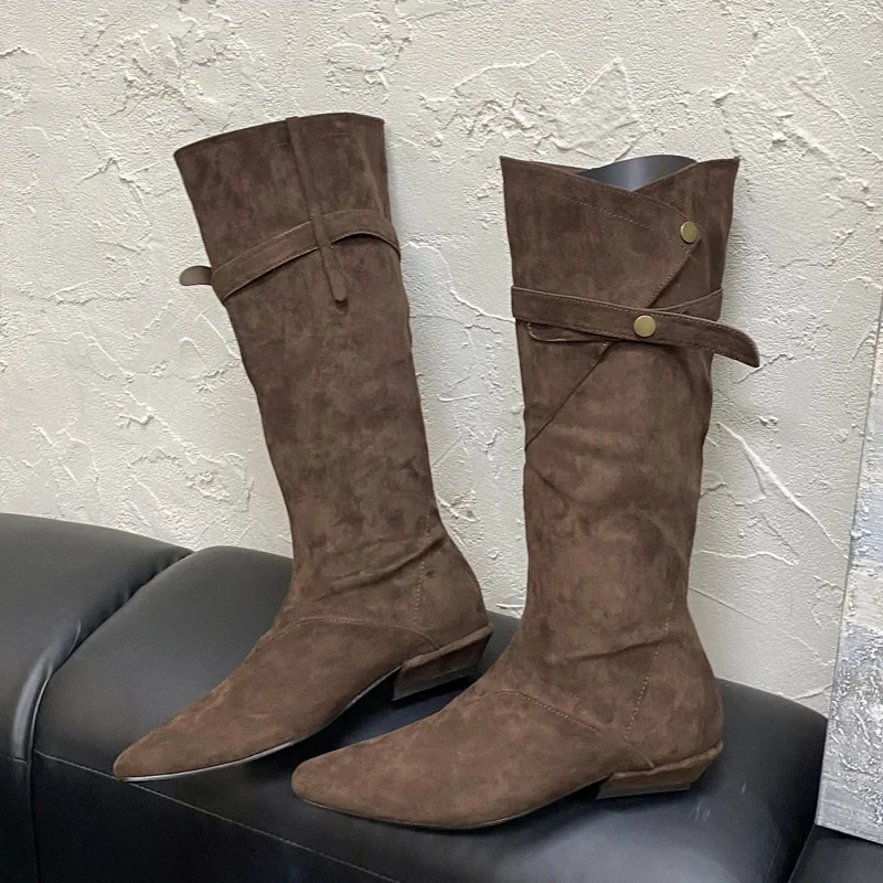 

Aneikeh в стиле панк, дизайнерский ремешок с пряжкой, длинные элегантные женские сапоги до колена на низком каблуке с острым носком, обувь для вечеринок, Botas Largas Mujer