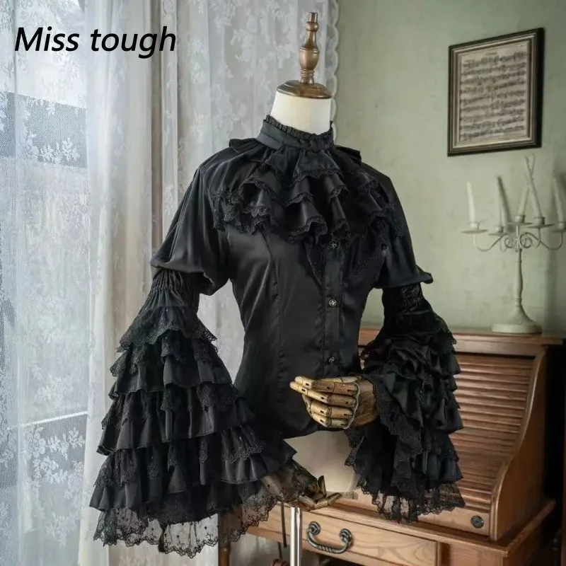 الشتاء اليابانية لوليتا نمط الصلبة النساء البلوزات نفخة الأكمام أنيقة الدانتيل قمصان Y2k الجمالية الحلو القوس JK الشيفون تصميم القمم #2