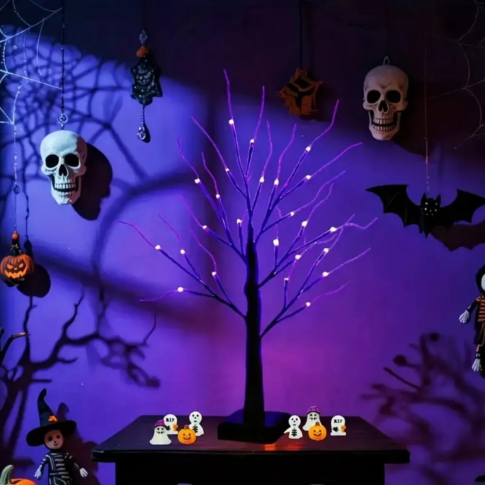 1PC 24LED Halloween Black Tree Light, LED Desktop Night Light, Orange/Purple Light, Used For Indoor Holiday Party Decoration