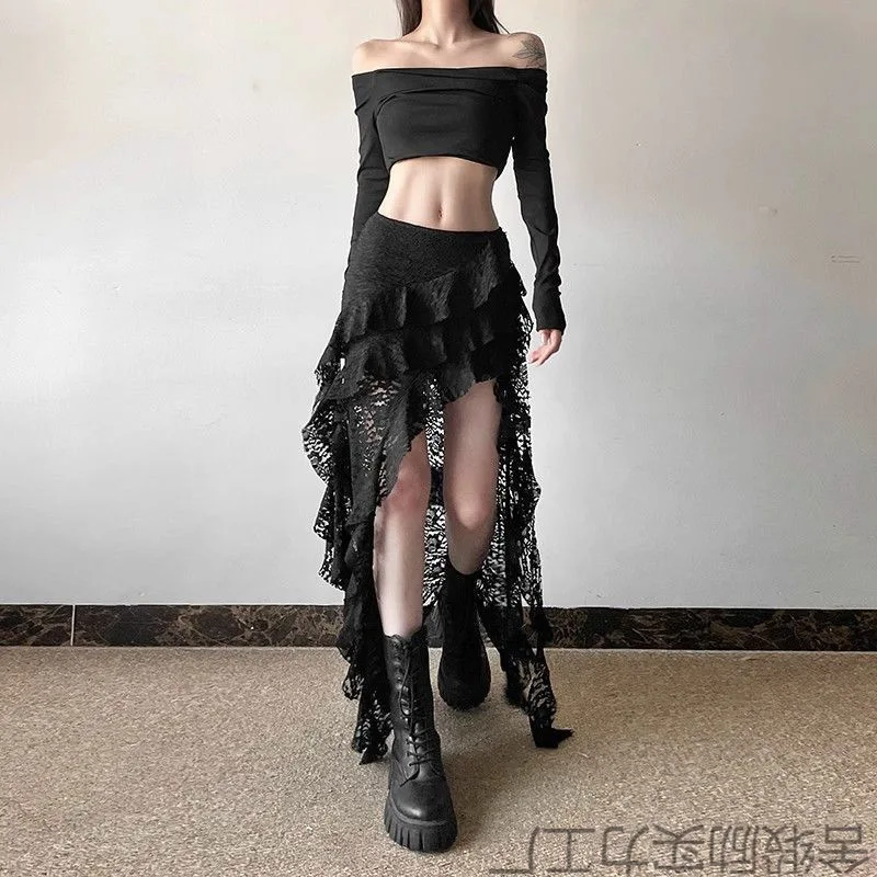 

Сексуальные кружевные юбки с высокой талией и оборками, женские весенние нерегулярные юбки Y2k 2022, женские модные черные лоскутные вечерние клубные костюмы, готическая одежда