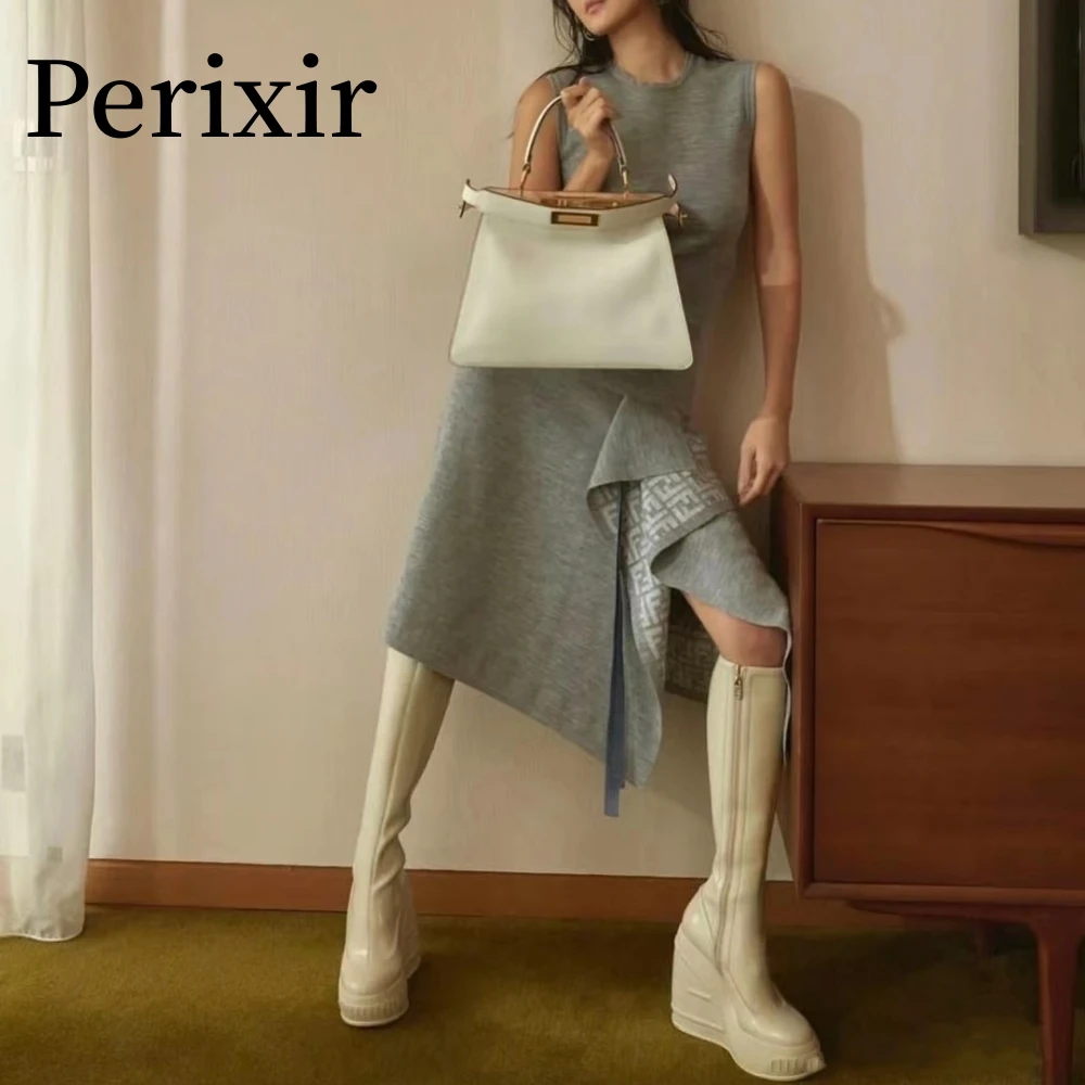 

Perixir Women Brown/White Chunky Shoes Wedges Heel Patent Leather Knee High Boots Round Toe Spring 2023 Runways Fashion Shoes