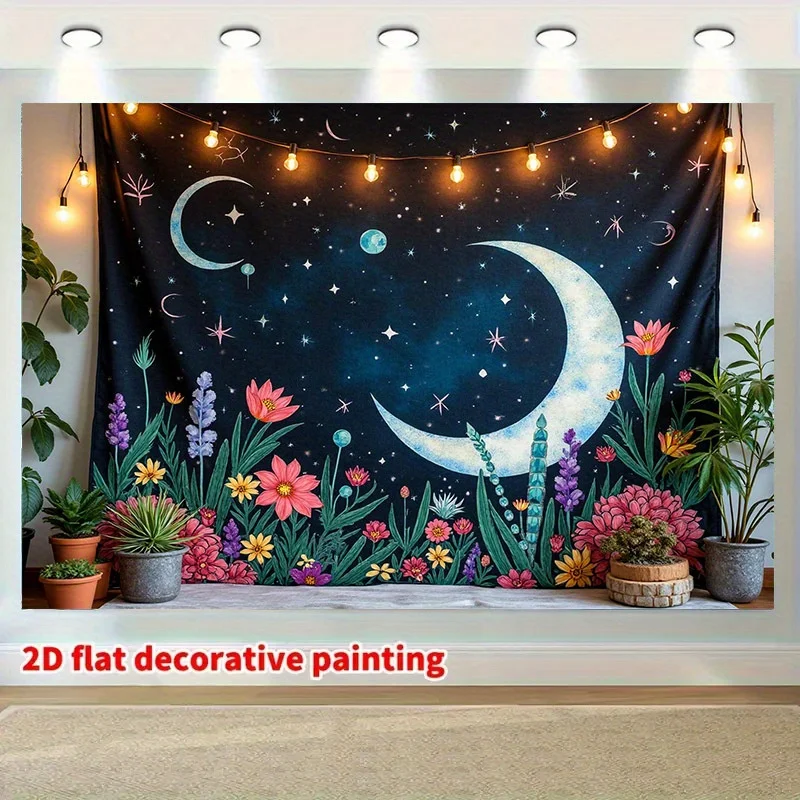 Tapiz plano 2D, 1 pieza de luna galáctica y flores - Poliéster de estilo bohemio para decoración de fiestas con cielo estrellado