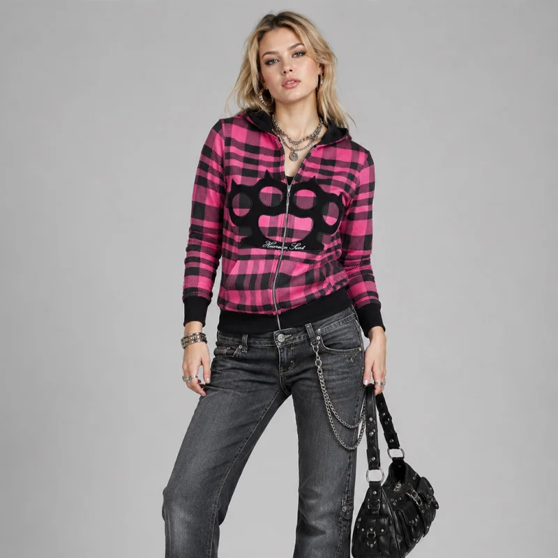 2026 Women's Gothic Y2K Checkered Cat Claw Patch Double sided Zipper Long Sleeve Emo Girls Punk Style Hoodie Winter Coat