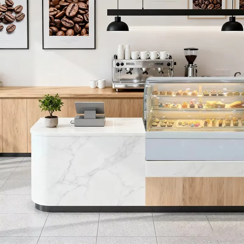 

Современная витрина-холодильник для тортов с изогнутой стеклянной столешницей, задней загрузкой, увеличенной высотой и однотемпературным охлаждением