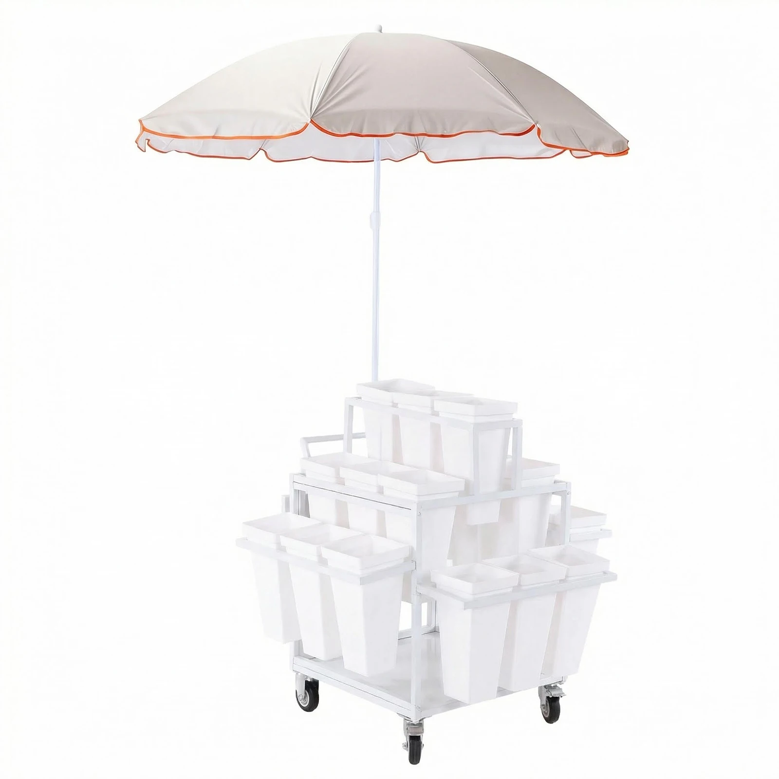 

Flower Cart Display Stand with 18 Buckets Heavy Duty Moving Flower Rack with Wheels W/ Umbrella for Wedding Party and Home Decor