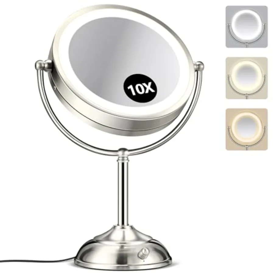 

10X Magnifying Mirror with Light, Rechargeable 9" Lighted makeup mirror with magnification, 3 Color Modes, Adjustable Brightnes