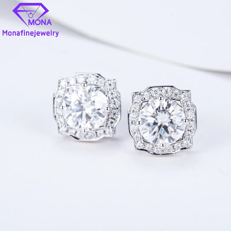 

Mona Customize White 14K Gold Moissanite Halo Earring Stud 2ct Round Cut 8mm Moissanite With Halo