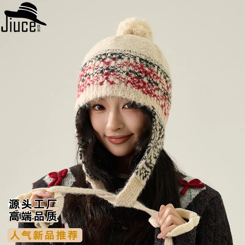 Beanie Autumn Winter Ear Protect Knit Hat Women Sweet Cute Jacquard Pullover Hat Ethnic Style Warm Woolen Hat Bonnets 4m749