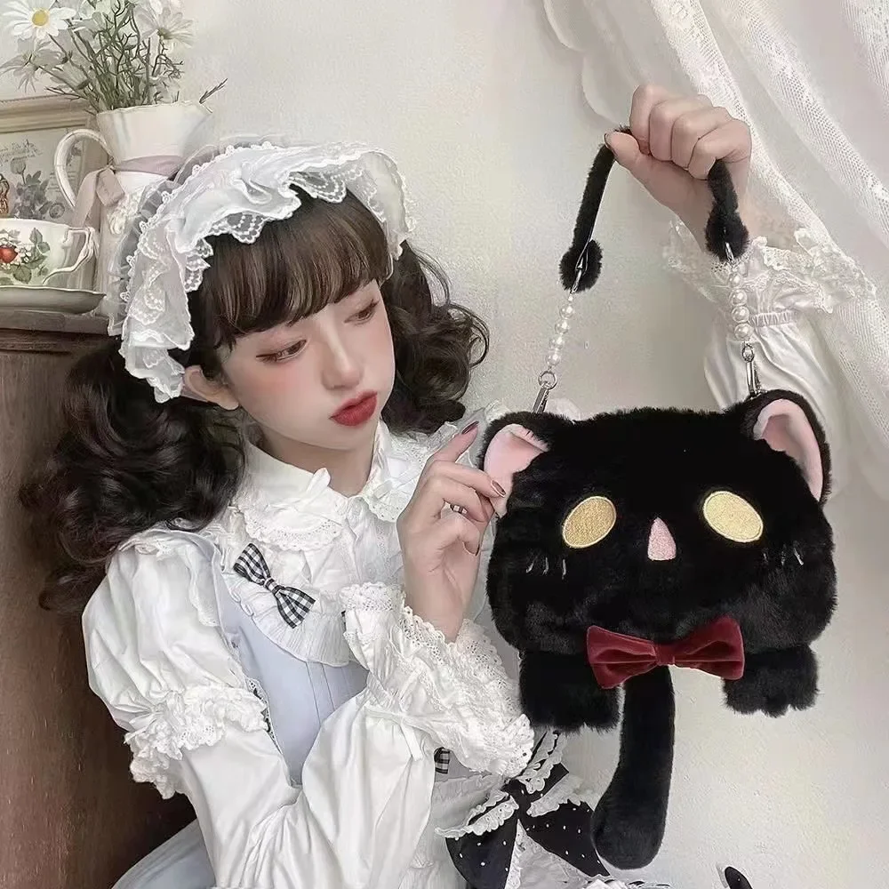 Women Cat plush cartoon shoulder bag Girl cute Lolita small mobile phone bag