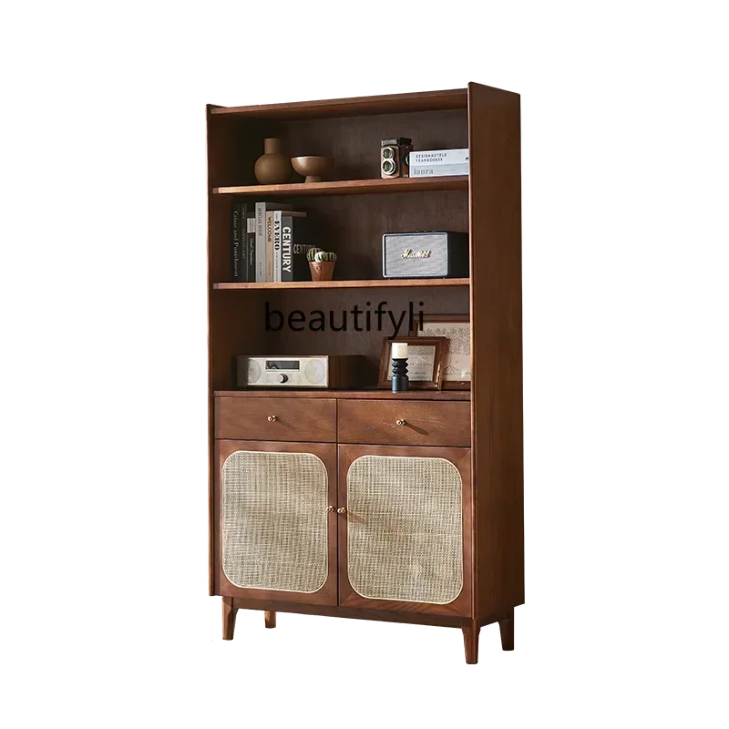 

LD33New Chinese Style Solid Wood Bookcase Vintage Floor Rattan Display Locker Nordic Integrated Wall Shelf