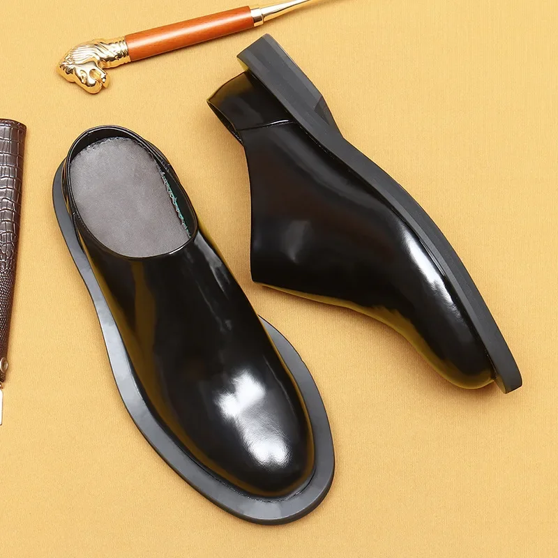 Luxury Patent Leather Mens Half Shoes Slippers Genuine Leather Handmade 2026 New Style Summer Party Business Sandals Shoes Man