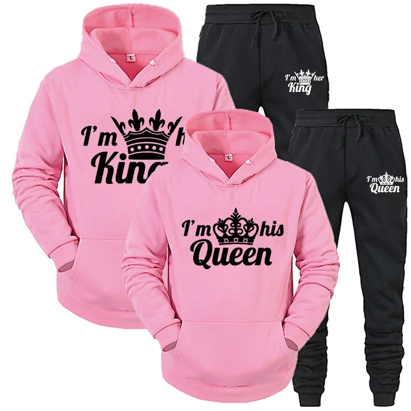 Lover Tracksuit Hoodies Printing QUEEN KING Couple Sweatshirt Plus Size Hooded Clothes Hoodies Women Two Piece Set