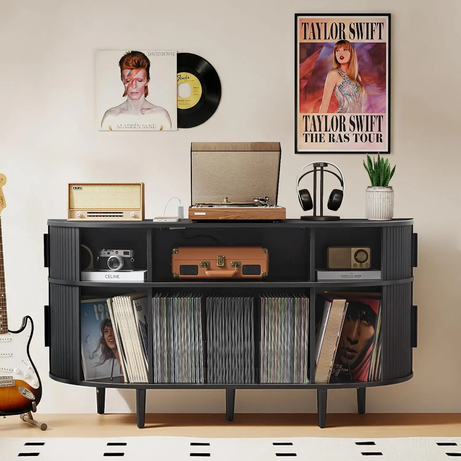 55'' Vinyl Storage Cabinet, Record Player Stand with Charging Station & USB Ports, Turntable Shelf 300 Albums Room, Customized