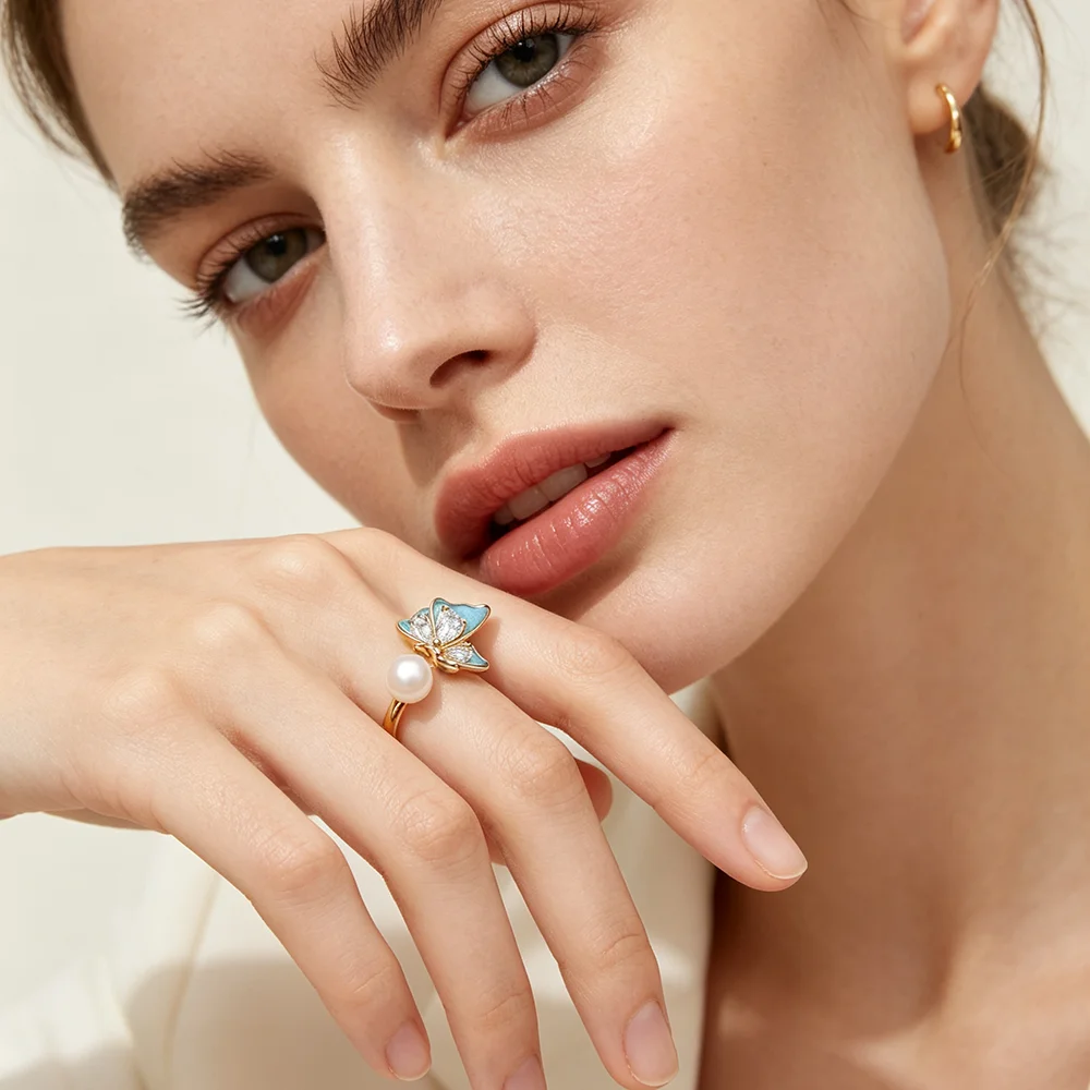 Echte Süßwasser-925-Silber-Perlenringe, Verstellbar, Niedlicher Blauer Ring mit Echten Perlen, Geburtstagsgeschenk für Mutter oder Ehefrau, Weiß Schwarz – Detail 6