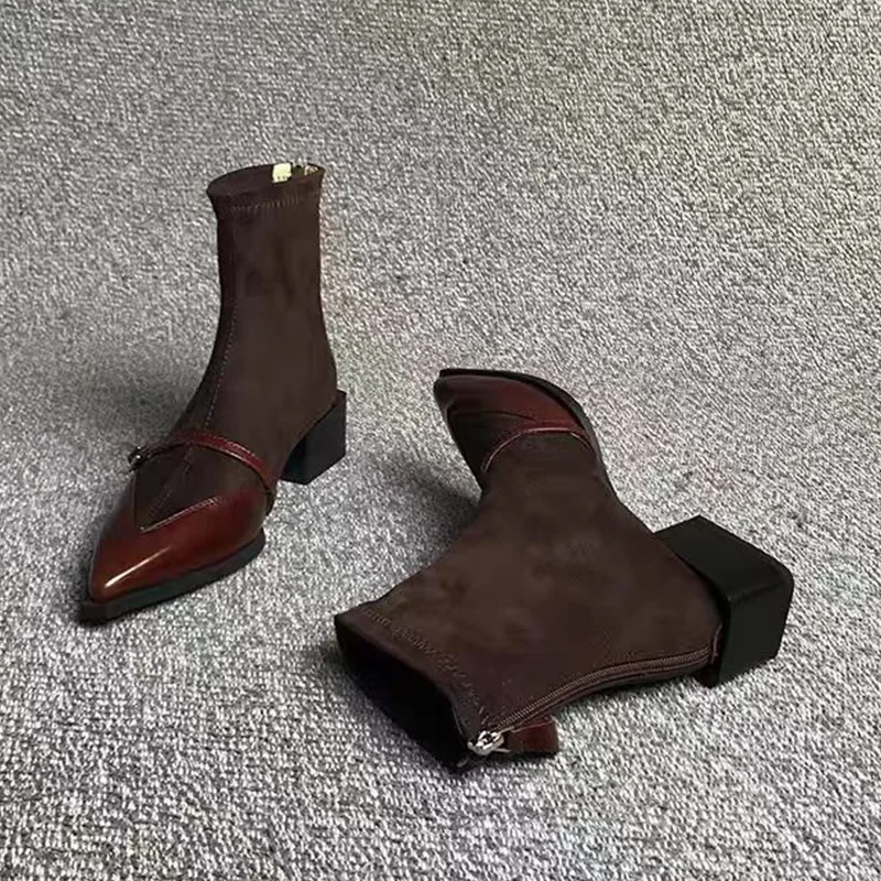 Pointed Toe Ankle Boots for Women Mid Heels Designer Shoes 2025 Elegant Winter Gothic Boots New Pumps Trend Dress Ladies Boots