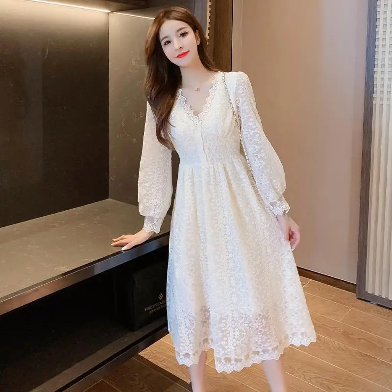 Abiti Midi in pizzo per le donne vacanza retrò albicocca donna abito manica lunga estetica a buon mercato Casual elegante lusso sui vestiti di