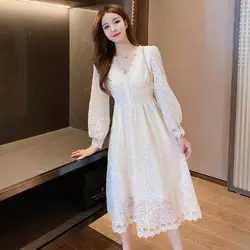 Abiti Midi in pizzo per le donne vacanza retrò albicocca donna abito manica lunga estetica a buon mercato Casual elegante lusso sui vestiti di vendita