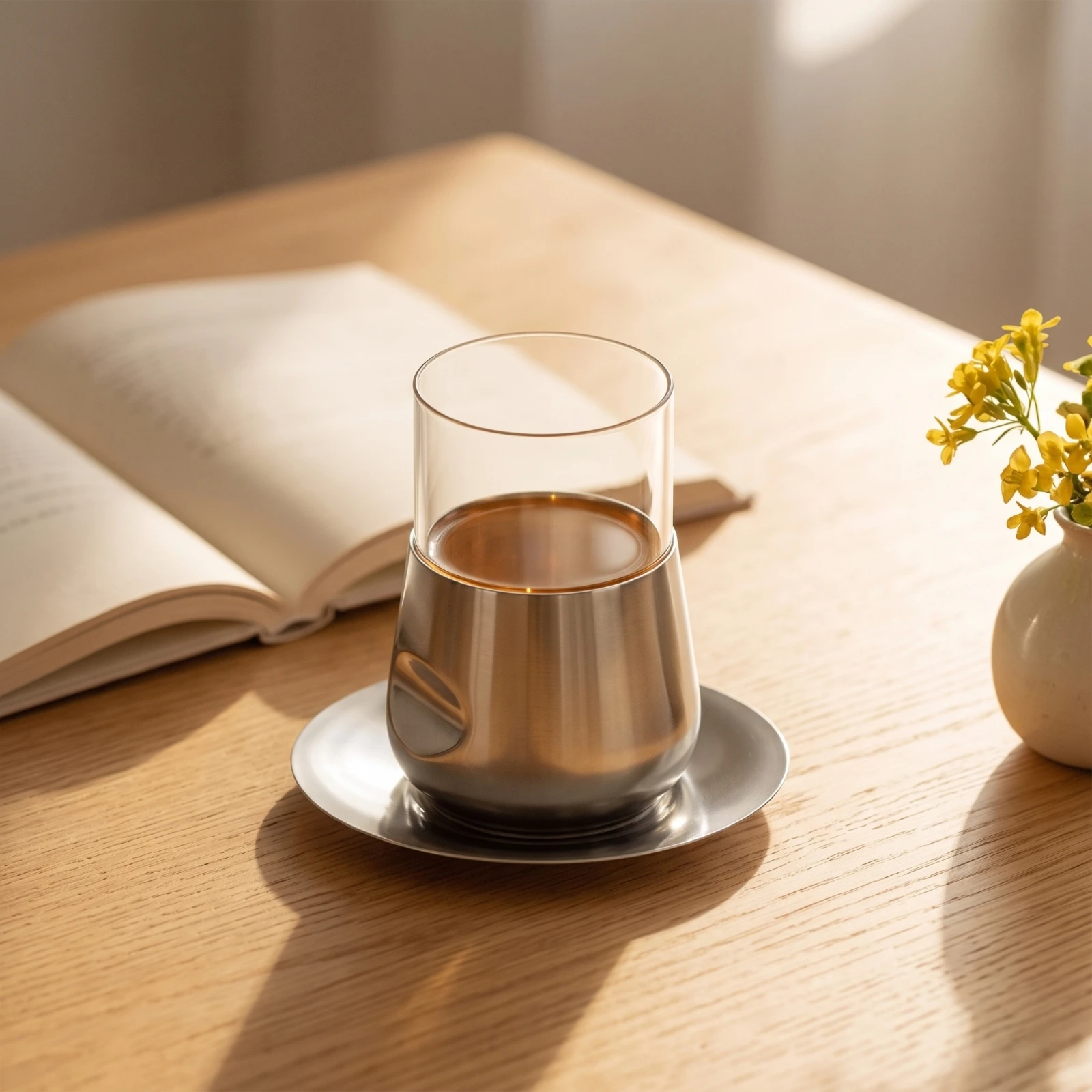Glass Teacup and Saucer Set Stainless Steel Teacup with Saucer Cups Minimalist Heat-Resistant for Hosts, Tea Service