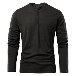 Autumn Solid Casual Mens T-shirts Henery Neck Long Sleeve T Shirt for Men Breathable Male Tops Classic Versatile Clothes
