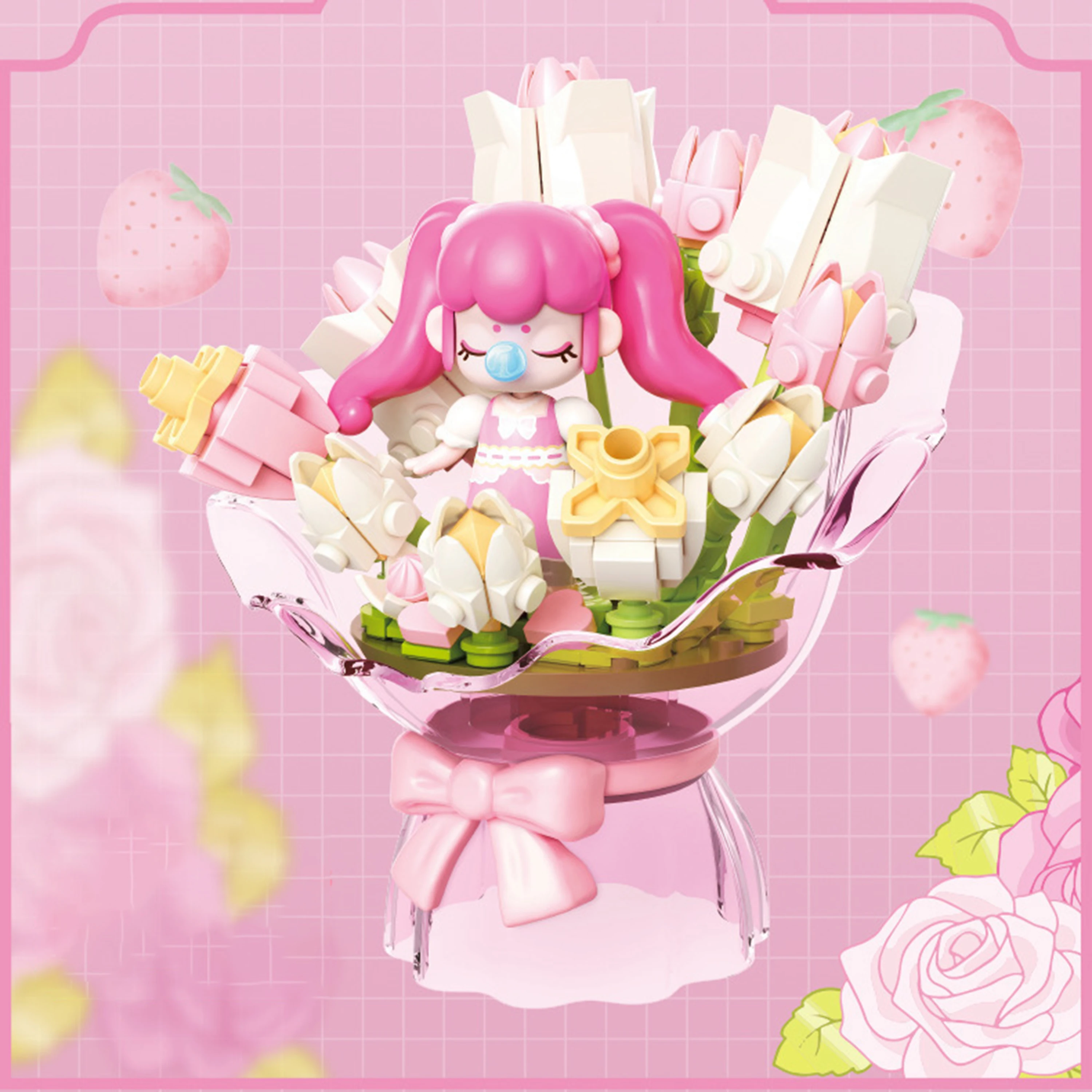 Klocki konstrukcyjne Nanci, bukiet kwiatów, fioletowa róża, klocki kwiatowe, kreatywny model do samodzielnego montażu, dekoracja na biurko, prezent dla dziewczynek