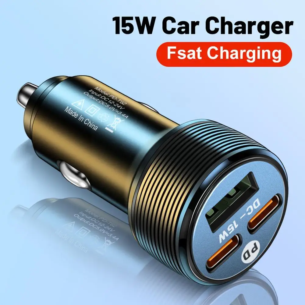 15W USB Dual PD Auto Charging Adapter 3 Ports Wireless Phone DC Charger 5V Mobile Charging 3A Lighter Socket Car Cigarette S7N1