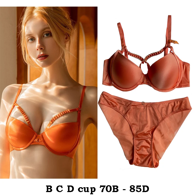 Sutiãs sexy e conjunto breve para mulheres, roupa interior confortável, alta qualidade, push up, B, C, D, copo, preto, branco, laranja, verão