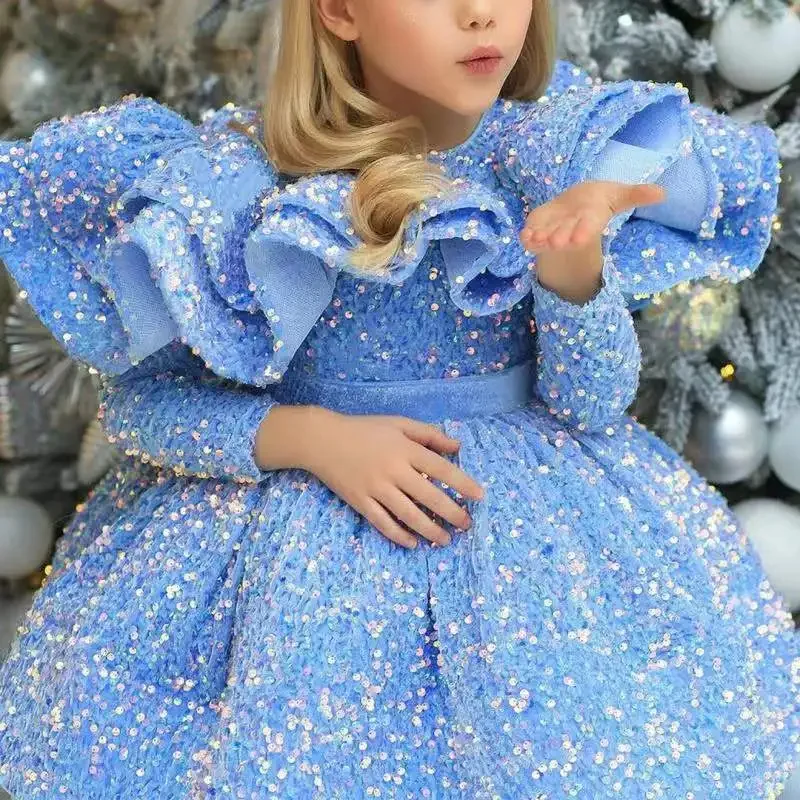 Blue Glitter Illusion Lush Girl Party Dresses Elegant Fluffy Girl Princess Dress Shiny luxurious Birthday Wedding Dress Girl