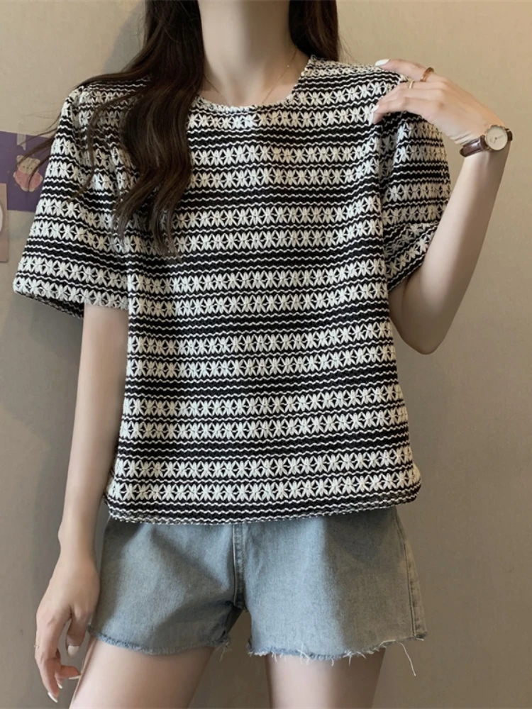 

Lace Hollow out Short Sleeve T-Shirt Women's Summer New Style plus Size Slimming Base Shirt Korean Style round Neck Top