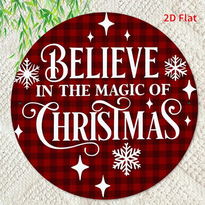 Aluminum Metal Sign, Vintage Believe in Christmas Magic Metal Wall Decor Features White Checkered Round Holiday Decorations
