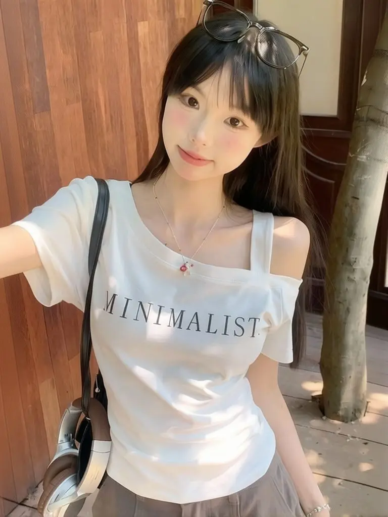 

Off Shoulder Short Sleeve Tee Women One Shoulder T Shirt Solid Color Casual Plain Tshirt Elegant Lady Basic Blouse White Black
