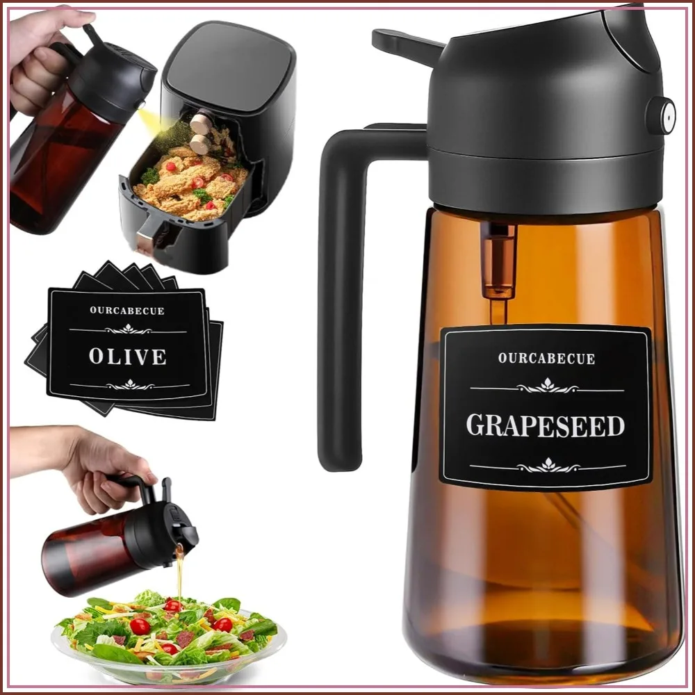 

2-in-1 Olive Oil Sprayer & Dispenser, 16oz Dark Glass Bottle for Cooking, Food-Grade Mister with 8 Stickers