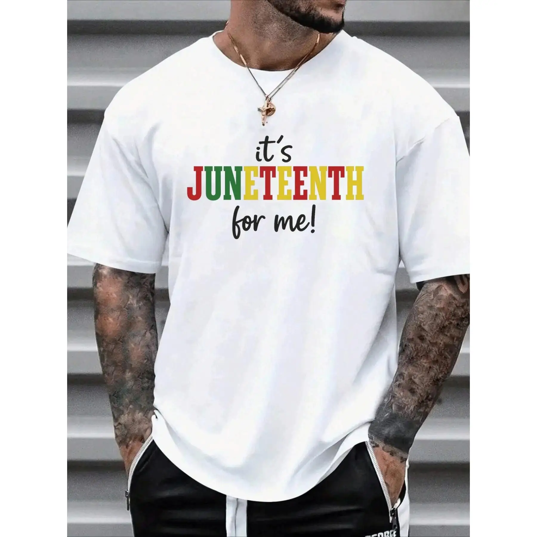 

Men's Juneteenth Graphic T-Shirt - Rainbow Colors "It's Juneteenth for 100% Cotton Casual Streetwear Hip-Hop Style, Round Neck