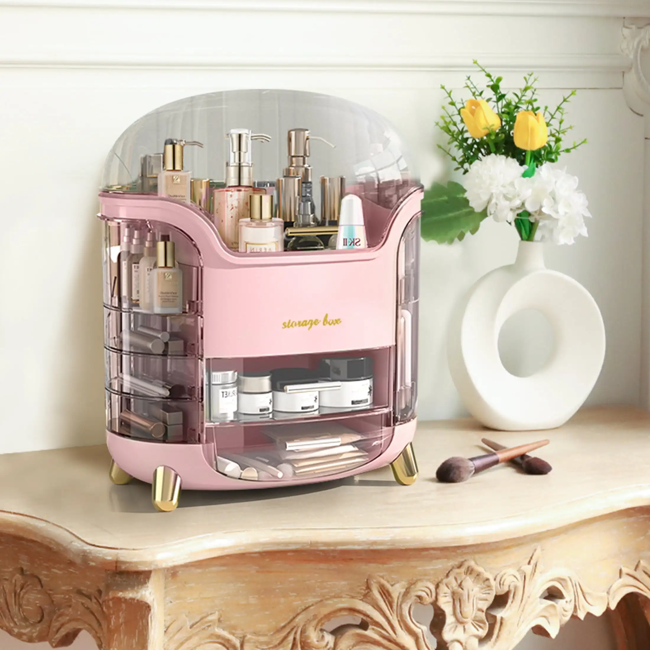 

Rotating Makeup Organizer, Waterproof& Dustproof Cosmetic Organizer Box with Lid, Large Capacity Vanity Storage, Makeup Display