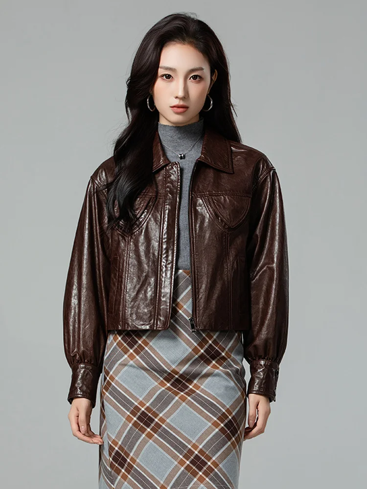 

Vintage Genuine Leather Cropped Jackets for Women Spring Autumn 2026 New High-end Simple Solid Soft Slim Real Sheepskin Coat
